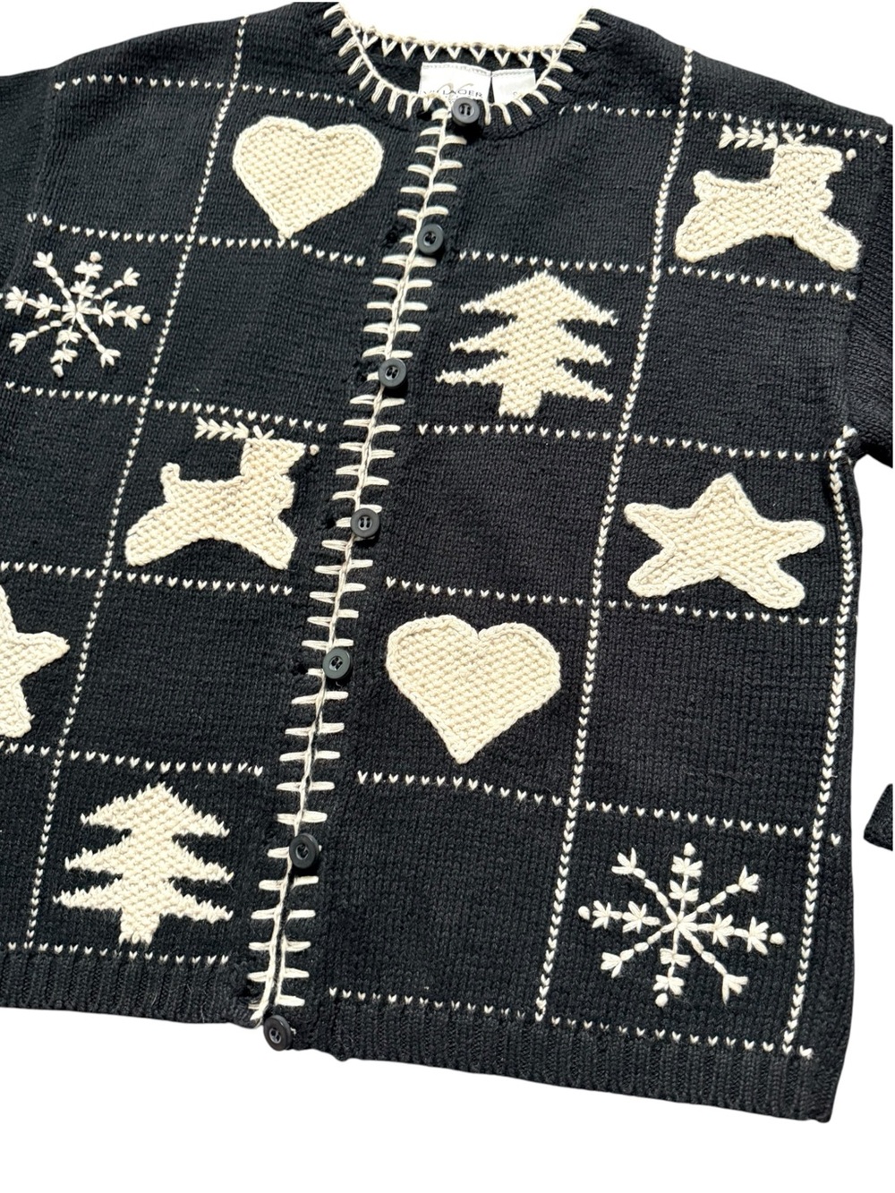 Villager Petite Vintage Christmas Cardigan Reindeer Snowflake Black Cream S - Picture 3 of 10